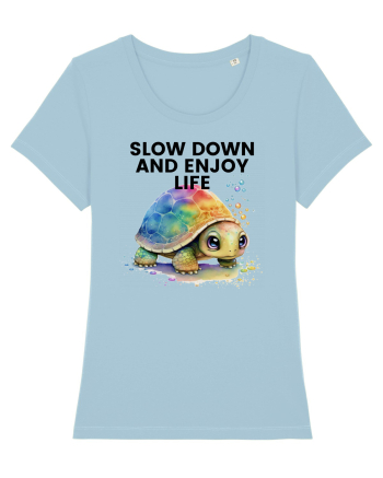 Broasca testoasa pictata in acuarela cu mesajul  Slow Down and Enjoy Life Sky Blue