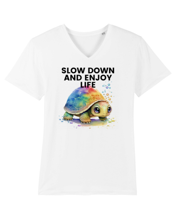 Broasca testoasa pictata in acuarela cu mesajul  Slow Down and Enjoy Life White