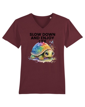 Broasca testoasa pictata in acuarela cu mesajul  Slow Down and Enjoy Life Burgundy