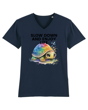 Broasca testoasa pictata in acuarela cu mesajul  Slow Down and Enjoy Life French Navy