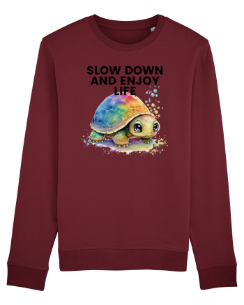 Broasca testoasa pictata in acuarela cu mesajul  Slow Down and Enjoy Life Burgundy