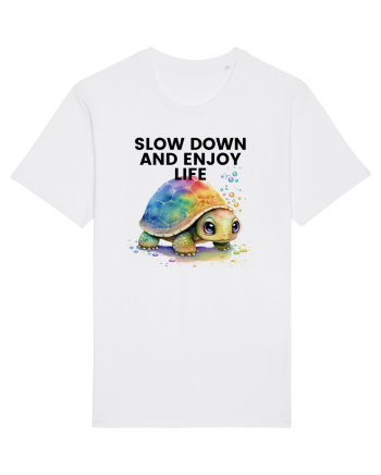 Broasca testoasa pictata in acuarela cu mesajul  Slow Down and Enjoy Life White