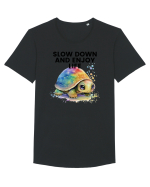 Broasca testoasa pictata in acuarela cu mesajul  Slow Down and Enjoy Life Tricou mânecă scurtă guler larg Bărbat Skater