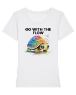 Broasca testoasa pictata in acuarela cu mesajul  Go with the Flow Tricou mânecă scurtă guler larg fitted Damă Expresser