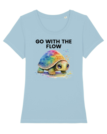 Broasca testoasa pictata in acuarela cu mesajul  Go with the Flow Sky Blue