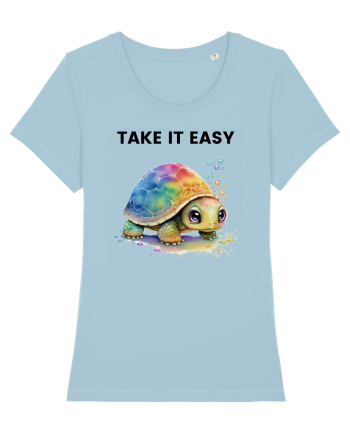Broasca testoasa pictata in acuarela cu mesajul  Take it Easy Sky Blue