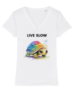 Broasca testoasa pictata in acuarela cu mesajul Live Slow Tricou mânecă scurtă guler V Damă Evoker