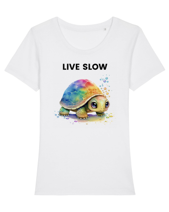 Broasca testoasa pictata in acuarela cu mesajul Live Slow White