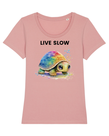Broasca testoasa pictata in acuarela cu mesajul Live Slow Canyon Pink