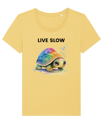 Broasca testoasa pictata in acuarela cu mesajul Live Slow Jojoba