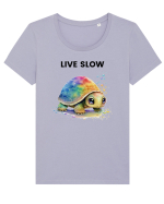 Broasca testoasa pictata in acuarela cu mesajul Live Slow Tricou mânecă scurtă guler larg fitted Damă Expresser