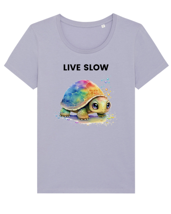 Broasca testoasa pictata in acuarela cu mesajul Live Slow Lavender