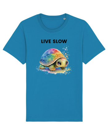 Broasca testoasa pictata in acuarela cu mesajul Live Slow Azur