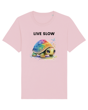 Broasca testoasa pictata in acuarela cu mesajul Live Slow Cotton Pink