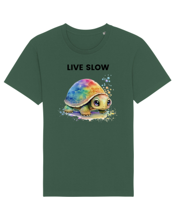 Broasca testoasa pictata in acuarela cu mesajul Live Slow Bottle Green
