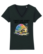 Broasca testoasa pictata in acuarela cu mesajul Take Life Easy but Serious Tricou mânecă scurtă guler V Damă Evoker