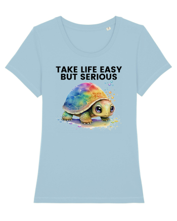 Broasca testoasa pictata in acuarela cu mesajul Take Life Easy but Serious Sky Blue