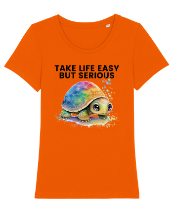 Broasca testoasa pictata in acuarela cu mesajul Take Life Easy but Serious Bright Orange