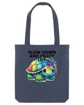 Broasca testoasa pictata in acuarela cu mesajul  Slow Down and Enjoy Life Midnight Blue