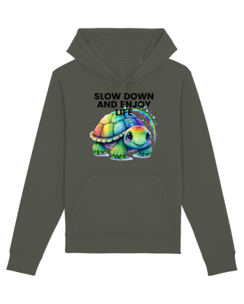Broasca testoasa pictata in acuarela cu mesajul  Slow Down and Enjoy Life Khaki