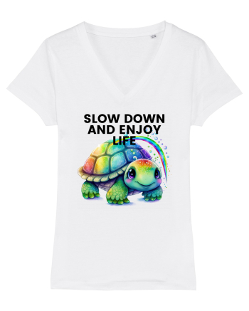Broasca testoasa pictata in acuarela cu mesajul  Slow Down and Enjoy Life White