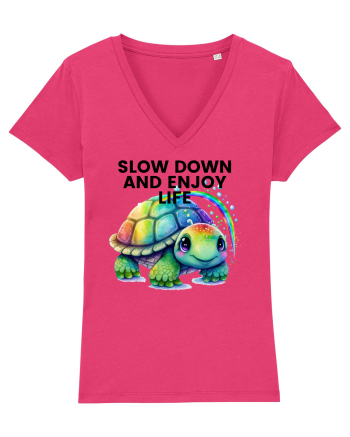 Broasca testoasa pictata in acuarela cu mesajul  Slow Down and Enjoy Life Raspberry