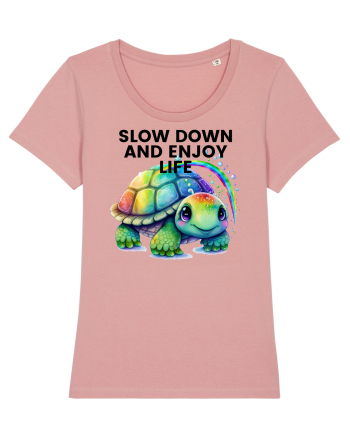 Broasca testoasa pictata in acuarela cu mesajul  Slow Down and Enjoy Life Canyon Pink