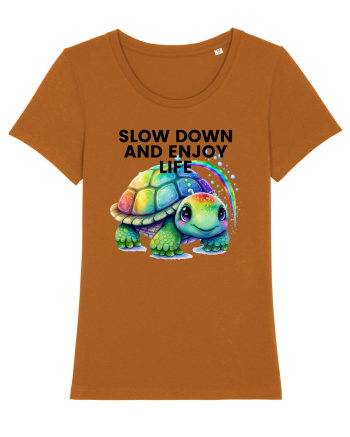 Broasca testoasa pictata in acuarela cu mesajul  Slow Down and Enjoy Life Roasted Orange