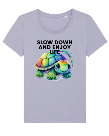 Broasca testoasa pictata in acuarela cu mesajul  Slow Down and Enjoy Life Lavender