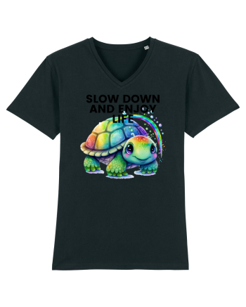 Broasca testoasa pictata in acuarela cu mesajul  Slow Down and Enjoy Life Black