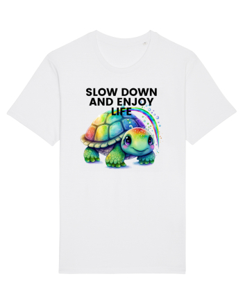 Broasca testoasa pictata in acuarela cu mesajul  Slow Down and Enjoy Life White