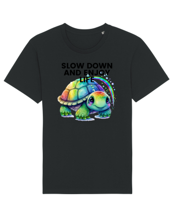 Broasca testoasa pictata in acuarela cu mesajul  Slow Down and Enjoy Life Black