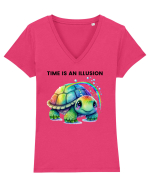 Broasca testoasa pictata in acuarela cu mesajul  Time is an Illusion Tricou mânecă scurtă guler V Damă Evoker