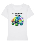 Broasca testoasa pictata in acuarela cu mesajul  Go with the Flow Tricou mânecă scurtă guler larg fitted Damă Expresser