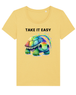 Broasca testoasa pictata in acuarela cu mesajul  Take it Easy Tricou mânecă scurtă guler larg fitted Damă Expresser