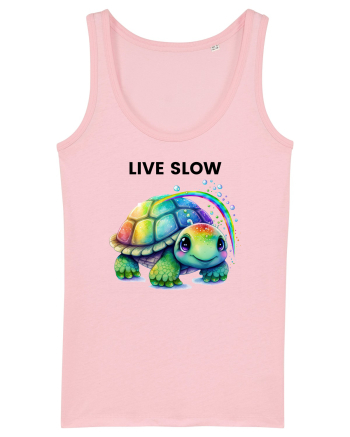 Broasca testoasa pictata in acuarela cu mesajul Live Slow Cotton Pink