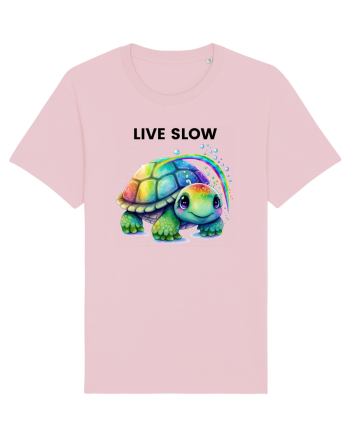 Broasca testoasa pictata in acuarela cu mesajul Live Slow Cotton Pink