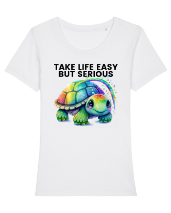 Broasca testoasa pictata in acuarela cu mesajul Take Life Easy but Serious White