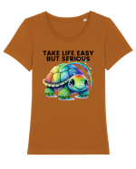 Broasca testoasa pictata in acuarela cu mesajul Take Life Easy but Serious Tricou mânecă scurtă guler larg fitted Damă Expresser