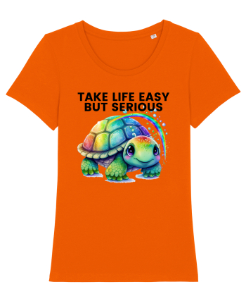 Broasca testoasa pictata in acuarela cu mesajul Take Life Easy but Serious Bright Orange