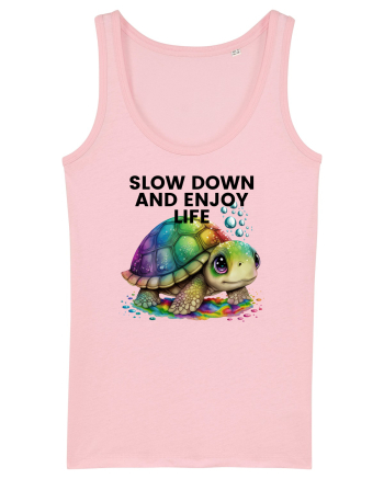 Broasca testoasa pictata in acuarela cu mesajul  Slow Down and Enjoy Life Cotton Pink