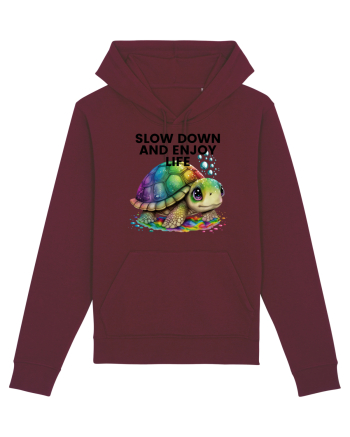 Broasca testoasa pictata in acuarela cu mesajul  Slow Down and Enjoy Life Burgundy