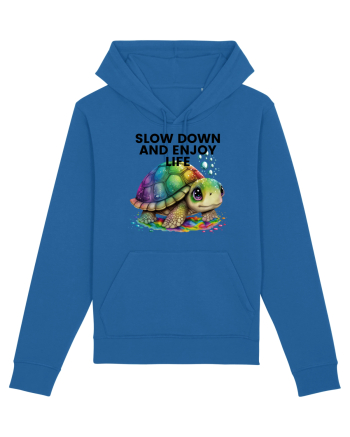 Broasca testoasa pictata in acuarela cu mesajul  Slow Down and Enjoy Life Royal Blue
