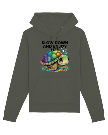 Broasca testoasa pictata in acuarela cu mesajul  Slow Down and Enjoy Life Khaki