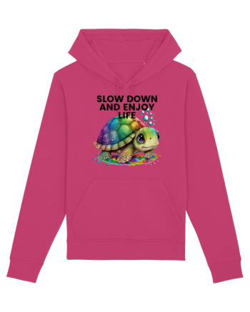 Broasca testoasa pictata in acuarela cu mesajul  Slow Down and Enjoy Life Raspberry