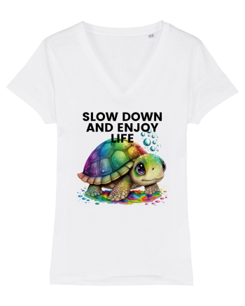 Broasca testoasa pictata in acuarela cu mesajul  Slow Down and Enjoy Life White