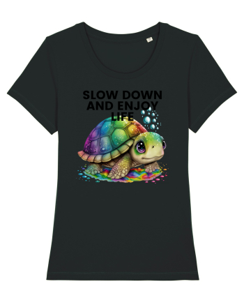 Broasca testoasa pictata in acuarela cu mesajul  Slow Down and Enjoy Life Black