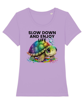 Broasca testoasa pictata in acuarela cu mesajul  Slow Down and Enjoy Life Lavender Dawn
