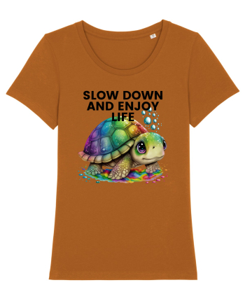 Broasca testoasa pictata in acuarela cu mesajul  Slow Down and Enjoy Life Roasted Orange