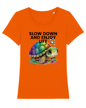 Broasca testoasa pictata in acuarela cu mesajul  Slow Down and Enjoy Life Bright Orange